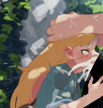 1boy 1girl absurdres aqua_jacket blonde_hair blush colored_inner_hair commentary_request cum cum_in_mouth cum_overflow deepthroat fellatio green_eyes hands_on_another&#039;s_head hetero highres irrumatio jacket long_hair mizumizuni multicolored_hair oral outdoors pink_hair ruri_no_houseki short_sleeves solo_focus sweat tanigawa_ruri tears two-tone_hair x-ray