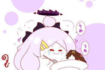 Rule 34 | :i, ahoge, blue archive, blush, closed eyes, closed mouth, commentary request, crying, curry, curry rice, eating, flying sweatdrops, food, food on face, hair ornament, hairclip, halo, hina (blue archive), holding, holding spoon, horns, kurukurumagical, long hair, motion lines, plate, rice, rice on face, solo, spoon, tears, translation request, very long hair, wavy mouth, white background