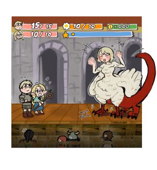 absurdres armor artist_request audience beard blonde_hair blue_eyes blue_robe chilchuck_tims chimera dungeon_meshi dwarf elf facial_hair fake_horns falin_touden falin_touden_(chimera) hair_around_ear halfling helmet highres horned_helmet horns kabru laios_touden leather_armor long_beard marcille_donato mario_(series) monster nintendo paper_mario plate_armor pointy_ears robe senshi_(dungeon_meshi) shurou