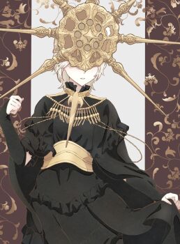 1boy armor black_dress covered_eyes crossdressing crossdressing_(mtf) dark_souls_(series) dark_souls_i dark_sun_gwyndolin dress gold_armor gold_headwear helmet helmet_over_eyes highres long_sleeves male_focus pale_skin short_hair solo spiked_helmet spiked_necklace sun_symbol susukeya trap