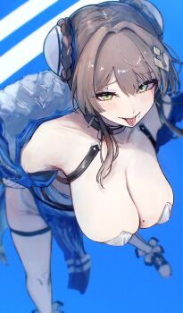 1girl absurdres black_choker blue_background blue_jacket blush braid braided_bun breasts brown_hair chaos_zero_nightmare choker cleavage cropped_jacket dress eyeliner gradient_clothes hair_between_eyes hair_bun hair_ornament highres huge_breasts jacket leaning_forward long_sleeves looking_at_viewer makeup mole mole_on_breast mole_under_mouth panties panty_straps pelvic_curtain piercing red_eyeliner sagging_breasts sanshoku_dango_(shukosuko) short_hair short_hair_with_long_locks sidelocks simple_background single_thighhigh solo standing strap strapless strapless_dress thigh_strap thighhighs thighs tongue tongue_out tongue_piercing undersized_breast_cup underwear white_dress white_panties white_thighhighs white_trim yellow_eyes yuki_(chaos_zero_nightmare)