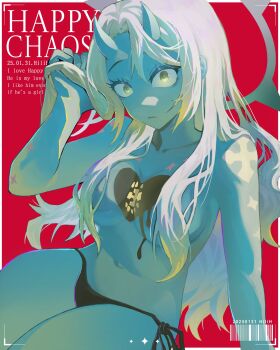 1girl arm_tattoo barcode bikini bikini_bottom_only black_bikini blue_horns blue_skin border breasts character_name chest_tattoo closed_mouth colored_skin commentary convenient_hair cowboy_shot cross_tattoo curtained_hair english_text genderswap genderswap_(mtf) green_eyes guilty_gear guilty_gear_strive hair_over_breasts halo halo_behind_head hand_in_own_hair happy_chaos hashtag-only_commentary heart heart_tattoo highres hilih_0107 horns large_breasts long_hair looking_at_viewer multiple_tattoos outside_border red_background side-tie_bikini_bottom sidelocks skin-covered_horns solo swimsuit tattoo thighs topless_female white_border white_hair wide-eyed