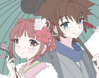 blush digimon digimon_xros_wars flower hair_ornament hairclip hinomoto_akari hnwxzlrcuflr9wz japanese_clothes kimono kudou_taiki long_hair looking_at_viewer red_hair twintails