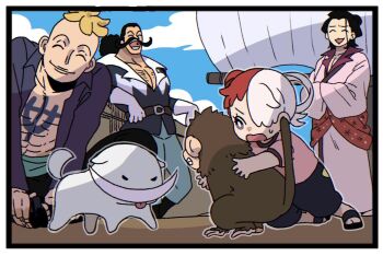 1girl 3boys ^_^ aged_down anchor_tattoo black_border black_hair blonde_hair blue_sky border chest_tattoo child closed_eyes commentary_request dog facial_hair hair_over_one_eye izou_(one_piece) japanese_clothes kimono long_mustache marco_(one_piece) monkey multiple_boys mustache one_piece pink_kimono ponytail red_hair sky stefan_(one_piece) sweatdrop tanaka_(tanakya123) tattoo tongue tongue_out uta_(one_piece) vista_(one_piece) white_hair