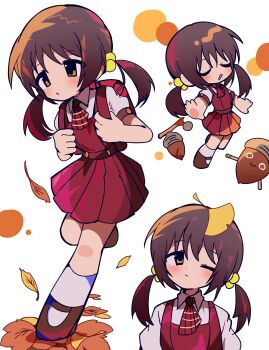 1girl :< :d :o acorn ascot autumn_leaves backpack bag brown_hair brown_shoes chibi chibi_inset closed_eyes collared_shirt commentary_request deformed dotted_background falling_leaves full_body hair_bobbles hair_ornament highres holding_strap kaai_yuki kneehighs leaf leaf_on_head low_twintails medium_hair mikiwo_eko53 multiple_views one_eye_closed open_mouth outstretched_arms parted_lips plaid_ascot plaid_clothes puffy_short_sleeves puffy_sleeves randoseru red_ascot red_bag red_skirt red_vest shirt shoes short_sleeves skirt smile socks standing standing_on_one_leg twintails vest vocaloid walking white_background white_shirt white_socks yellow_eyes