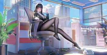 1girl absurdres black_jacket black_pantyhose black_shoes black_skirt blackwee blazer blue_archive blue_sky blunt_bangs blush breasts chair cloud commentary english_commentary grin hair_ornament hairclip halo highres jacket large_breasts long_hair looking_at_viewer pantyhose phone plant pleated_skirt potted_plant red_eyes ribbed_sweater rio_(blue_archive) shoes sitting skirt sky smile solo sweater turtleneck turtleneck_sweater unworn_shoes white_sweater