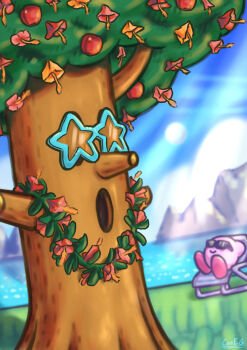 Rule 34 | apple, blue sky, blush stickers, chair, colored skin, commentary, coneg, english commentary, flower wreath, food, fruit, highres, kirby, kirby (series), kirby cafe, lounge chair, nintendo, no humans, outdoors, pink skin, signature, sky, star-shaped eyewear, star (symbol), sunglasses, tree, whispy woods