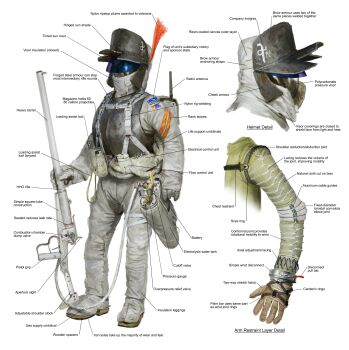 absurdres armor astronaut canister diagram english_text full_armor full_body gun hat helmet highres holding holding_gun holding_weapon military_uniform multiple_views original peaked_cap rifle soldier visor_(armor) weapon whaleoil white_background