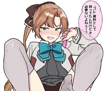 1girl akigumo_(kancolle) akigumo_kai_ni_(kancolle) aqua_bow aqua_bowtie blazer bow bowtie brown_hair commentary_request condom condom_wrapper green_eyes grey_jacket grey_skirt grey_thighhighs grin highres jacket kantai_collection long_hair mole mole_under_eye nanafumi_(nanafumino) out-of-frame_censoring ponytail skirt smile solo spread_legs thighhighs translation_request