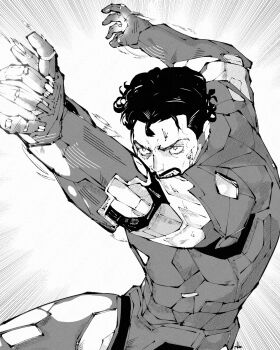 1boy armor arms_up commentary cowboy_shot dynamic_pose emphasis_lines english_commentary facial_hair greyscale hatching_(texture) highres iron_man iron_man_(2008) iron_man_(series) linear_hatching male_focus marvel miregeist monochrome mustache power_armor sanpaku serious short_hair solo superhero_costume tony_stark white_background