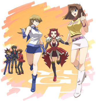 3boys 3girls ankle_boots belt black_hair black_leggings blonde_hair blue_eyes blue_footwear boots bracelet breasts brown_eyes brown_hair choker cleavage colored_bangs elbow_gloves fingerless_gloves fudo_yusei gloves high_heel_boots high_heels highres izayoi_aki jacket jewelry knee_boots leggings long_hair mazaki_anzu millennium_puzzle multiple_boys multiple_girls muto_yugi necklace obelisk_blue_uniform osiris_red_uniform pencil_skirt pendant red_hair school_uniform shigatsu_hajime shoes short_hair skirt smile tenjouin_asuka thighhighs white_footwear yami_yugi yellow_eyes yu-gi-oh! yu-gi-oh!_5d&#039;s yu-gi-oh!_duel_monsters yu-gi-oh!_gx yuki_judai