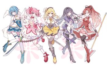 5girls akemi_homura akemi_homura_(magical_girl) argyle_clothes argyle_pantyhose beret black_hair black_hairband black_pantyhose black_thighhighs blonde_hair blue_eyes blue_hair blue_skirt blush boots bow bow_(weapon) bow_choker bowtie breasts bubble_skirt cape choker commentary corset detached_sleeves dress drill_hair eyelashes fingerless_gloves flower_symbol frilled_socks frills full_body gloves gradient_hair grin gun hair_bow hair_ornament hair_ribbon hairband hand_up hat high_heels high_ponytail highres holding holding_bow_(weapon) holding_gun holding_polearm holding_sword holding_weapon holy_quintet kaname_madoka kaname_madoka_(magical_girl) knees_together_feet_apart long_hair looking_at_viewer lulutmi magical_girl magical_musket mahou_shoujo_madoka_magica mahou_shoujo_madoka_magica_(anime) miki_sayaka miki_sayaka_(magical_girl) multicolored_hair multiple_girls no_hair_ornament one_eye_closed pantyhose pink_eyes pink_hair platform_heels pleated_skirt polearm ponytail puffy_sleeves purple_eyes red_choker red_eyes red_hair ribbon sakura_kyoko sakura_kyoko_(magical_girl) short_hair short_twintails skirt smile socks solo soul_gem spear standing standing_on_one_leg strapless striped_clothes striped_thighhighs sword thighhighs tomoe_mami tomoe_mami_(magical_girl) twin_drills twintails two-tone_capelet vertical-striped_clothes vertical-striped_thighhighs very_long_hair weapon white_background white_cape white_gloves white_thighhighs yellow_bow yellow_bowtie yellow_eyes yellow_ribbon