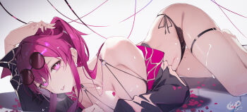1girl absurdres black_jacket black_panties breasts chahu_pao cleavage commentary eyewear_on_head highres honkai:_star_rail honkai_(series) jacket kafka_(honkai:_star_rail) large_breasts lying medium_hair navel on_side panties parted_lips purple_eyes purple_hair round_eyewear solo stomach sunglasses thigh_strap thighs underwear wet