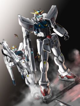 Rule 34 | 2others, alternate form, bazooka (gundam), beam rifle, commentary request, dual persona, dutch angle, earth federation, energy gun, f91 gundam, glowing, glowing eyes, green eyes, gundam, gundam f91, hangar, highres, mecha, mecha focus, mobile suit, multiple others, realistic, robot, science fiction, seotaku (kyokkou), spacecraft interior, v-fin, weapon, zero gravity