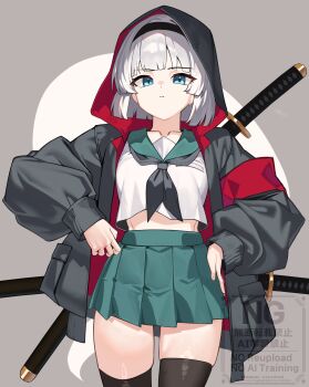 Rule 34 | 1girl, absurdres, black hairband, black jacket, black neckerchief, black thighhighs, closed mouth, commentary, cowboy shot, green eyes, green sailor collar, green skirt, grey background, grey hair, hairband, highres, hood, hooded jacket, jacket, konpaku youmu, konpaku youmu (ghost), long sleeves, looking at viewer, midriff, miniskirt, neckerchief, pleated skirt, puffy long sleeves, puffy sleeves, qwas69, sailor collar, sailor shirt, shirt, short hair, skirt, solo, sword, sword on back, thighhighs, touhou, watermark, weapon, weapon on back, white shirt