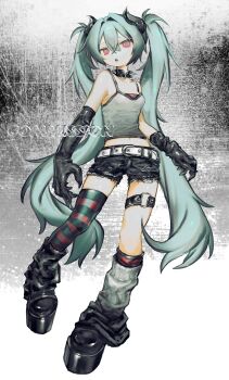 1girl absurdres asymmetrical_legwear belt belt_buckle black_boots black_collar black_gloves black_shorts black_socks black_thighhighs blue_hair boots breasts buckle collar commentary commission double-parted_bangs fingernail_gloves full_body gloves grey_tank_top hair_between_eyes highres horns long_hair looking_at_viewer midriff nia_(x_x02) o-ring o-ring_thigh_strap open_mouth original platform_boots red_eyes short_shorts shorts skeb_commission small_breasts socks solo spiked_collar spikes striped_clothes striped_thighhighs tank_top thigh_strap thighhighs uneven_legwear very_long_hair white_belt