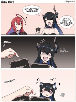 2girls black_hair blue_hair card closed_eyes colored_inner_hair demon_horns elizabeth_rose_bloodflame highres holding holding_card hololive hololive_english horns mole mole_under_eye multicolored_hair multiple_girls nerissa_ravencroft nerissa_ravencroft_(1st_costume) oguma_shiro open_mouth red_eyes red_hair smile smol_rissa tears trading_card virtual_youtuber