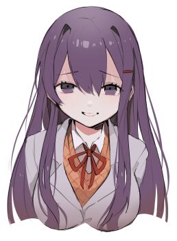1girl akanosui breasts brown_cardigan cardigan commentary cropped_torso doki_doki_literature_club doki_doki_literature_club_school_uniform grey_jacket hair_between_eyes hair_ornament hairclip highres jacket long_hair looking_at_viewer purple_eyes purple_hair ribbon school_uniform simple_background smile solo white_background yuri_(doki_doki_literature_club)