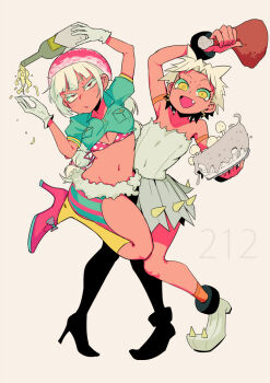 2girls :d aqua_shirt arm_up blush bottle bra bracelet braid champagne_bottle champagne_flute commentary_request crop_top cup drinking_glass earrings eyelashes fang fly_agaric food glass gloves grey_skirt hat high_heels holding holding_bottle holding_cup holding_food jewelry kneehighs lightning_bolt_earrings lightning_bolt_symbol long_hair meat midriff multiple_girls mushroom mushroom_hat navel open_mouth orange_socks original pink_bra pink_hat pink_shoes polka_dot polka_dot_bra pouring red_eyes sakurai_energy shirt shoes short_hair short_sleeves shorts simple_background single_braid skirt smile socks spikes standing standing_on_one_leg striped_clothes striped_shorts two-tone_shorts underwear vertical-striped_clothes vertical-striped_shorts very_short_hair white_background white_gloves white_hair white_shirt white_shoes yellow_eyes yellow_socks