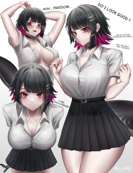 1girl absurdres alternate_costume armpits black_collar black_hair black_skirt blush breasts closed_mouth collar collared_shirt colored_inner_hair ellen_joe english_text fins fish_tail hair_ornament highres kafu_(kafu6416) large_breasts looking_at_viewer multicolored_hair multiple_views open_clothes open_mouth open_shirt red_eyes red_hair shark_tail shirt short_hair short_sleeves simple_background skirt smile tail white_background white_shirt wing_collar zenless_zone_zero