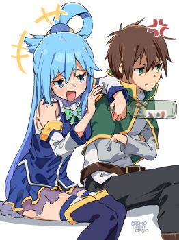+++ 1boy 1girl :d absurdres anger_vein annoyed aqua_(konosuba) arm_over_shoulder bare_shoulders belt black_pants blue_eyes blue_footwear blue_hair blue_shirt blue_skirt boots bottle bow bowtie breasts brown_belt brown_footwear brown_hair capelet crossed_arms detached_sleeves facing_viewer feet_out_of_frame green_bow green_bowtie green_capelet green_eyes hair_ornament hair_rings hands_up highres holding holding_bottle kono_subarashii_sekai_ni_shukufuku_wo! long_hair looking_ahead looking_at_another open_mouth pants rokochandayo satou_kazuma shirt simple_background single_hair_ring sitting skirt sleeveless sleeveless_shirt smile thigh_boots thighhighs thighhighs_under_boots twitter_username very_long_hair white_background white_shirt white_sleeves white_thighhighs