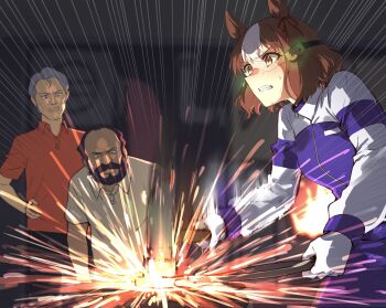 1girl 2boys absurdres animal_ears beard belno_light_(umamusume) black_hair bow brown_hair collared_shirt ear_ribbon emphasis_lines facial_hair flanagan_(gundam) gloves grey_hair gundam gundam_gquuuuuux hair_ornament hammer highres horse_ears horse_girl horseshoe jacket kasamatsu_tracen_training_uniform letter_hair_ornament long_sleeves mosk_han motsunabe_(mo2nap3) multicolored_hair multicolored_jacket multiple_boys red_ribbon red_shirt ribbon season_connection shirt short_hair sparks track_suit two-tone_hair two-tone_jacket umamusume umamusume:_cinderella_gray welding welding_goggles white_gloves white_hair white_shirt