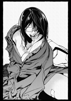 1girl bandaid_on_thigh black_border border bottomless breasts cleavage greyscale hachinuki_tessei hair_over_one_eye highres jacket jimiko jitome looking_at_viewer medium_hair messy_hair mob_face moire monochrome naked_jacket open_clothes open_jacket original round_eyewear she_(hachinuki_tetsuyo) solo tongue tongue_out