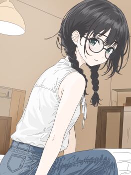1girl absurdres bare_shoulders black-framed_eyewear black_hair blue_pants blush braid denim from_side glasses green_eyes hanakuma_chifuyu highres indoors jeans jimiko long_hair looking_at_viewer looking_to_the_side low_twintails pants parted_lips round_eyewear shirt shirt_tucked_in sitting sleeveless sleeveless_shirt solo synthesizer_v twin_braids twintails v-lab white_shirt