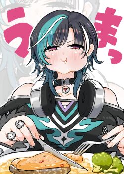 1girl absurdres aqua_hair black_choker black_dress black_hair broccoli choker dress eating fork headphones headphones_around_neck highres holding holding_fork holding_knife hololive hololive_dev_is knife kono_(konomi9a) looking_at_viewer medium_hair mole mole_on_neck multicolored_hair pork red_eyes rindo_chihaya rindo_chihaya_(1st_costume) solo streaked_hair virtual_youtuber white_streaks