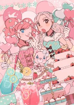 2girls absurdres aikatsu! aikatsu!_(series) amahane_madoka balloon blonde_hair blue_dress blue_eyes brown_eyes cake cherry cocktail_glass crown cup cupcake detached_collar dress drinking_glass drinking_straw flower food fork fruit gloves hair_flower hair_ornament heart_balloon highres holding holding_fork ice ice_cube kurosawa_rin lemon lemon_slice long_hair looking_at_viewer macaron multicolored_hair multiple_girls one_eye_closed open_mouth pink_dress pink_hair pink_theme smile strawberry streaked_hair stuffed_animal stuffed_toy teddy_bear tiered_tray twintails valentine white_gloves yukikokoro