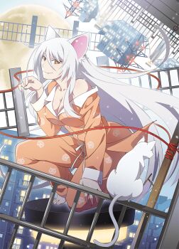 1girl animal animal_ears animal_print bakemonogatari bakeneko barefoot black_hanekawa breasts cat cat_ears cat_girl cat_print cleavage closed_mouth fang hanekawa_tsubasa large_breasts long_hair looking_at_viewer monogatari_(series) monogatari_series_puc_puc official_art orange_pajamas pajamas paw_pose print_pajamas slit_pupils solo very_long_hair watanabe_akio white_cat white_hair yellow_eyes