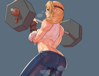 1girl ahegao anal anal_object_insertion ass astrid_hofferson barbell blonde_hair blue_eyes braid butt_crack cameltoe contemporary crop_top exercising female_focus from_behind gloves hair_over_shoulder heart heart-shaped_pupils heavy_breathing how_to_train_your_dragon_(series) how_to_train_your_dragon_1 john_doe_(jdart) long_hair midriff muscular nose object_insertion pussy_juice rolling_eyes see-through_clothes sex_toy side_braid simple_background single_braid solo spandex sweat symbol-shaped_pupils tongue tongue_out vibrator vibrator_bulge vibrator_under_clothes weightlifting wet wet_clothes