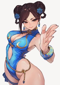 1girl absurdres alternate_costume ap_cammy blue_flower blue_one-piece_swimsuit bracelet braid braided_hair_rings breasts brown_hair capcom chun-li cleavage closed_mouth commentary curvy double_bun earrings english_commentary flower hair_bun hair_flower hair_ornament hair_rings highleg highleg_one-piece_swimsuit highres jewelry large_breasts long_hair official_alternate_costume one-piece_swimsuit shiny_skin simple_background smile solo standing street_fighter street_fighter_6 swimsuit thigh_strap white_background wide_hips