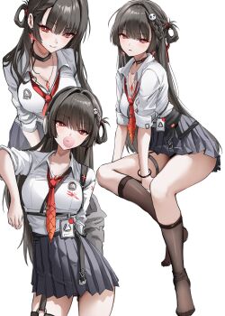 1girl absurdres black_choker black_hair black_jacket black_skirt black_socks blowing_bubble_gum blush braid breasts bright_pupils chewing_gum chisa_(wuthering_waves) choker cleavage closed_mouth collared_shirt commentary cosplay earrings furuming1 hair_intakes hair_ornament hashtag-only_commentary headphones highres id_card jacket jewelry long_hair looking_at_viewer loose_necktie lynae_(wuthering_waves) lynae_(wuthering_waves)_(cosplay) medium_breasts mole mole_under_eye multiple_views necklace necktie red_eyes red_necktie shirt shirt_tucked_in sitting skirt skull_hair_ornament smile socks star_(symbol) star_earrings thigh_strap very_long_hair white_pupils white_shirt wuthering_waves