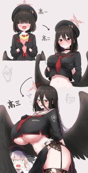 4girls ^^^ amogan arrow_(symbol) black_choker black_gloves black_hair black_hat black_serafuku black_shirt black_skirt black_wings blue_archive blush breasts choker closed_mouth commentary_request cowboy_shot crepe crop_top cropped_torso eating facing_viewer fang feathered_wings flat_chest food food_on_face fruit garter_straps gloves grey_background hair_between_eyes halo hands_on_own_breasts hasumi_(blue_archive) hat highres holding huge_breasts justice_task_force_member_(blue_archive) koharu_(blue_archive) large_breasts long_hair long_sleeves looking_down looking_up low_wings medium_hair mole mole_under_eye multiple_girls navel neckerchief open_mouth pink_hair pleated_skirt red_eyes red_halo sailor_collar sanpaku school_uniform serafuku shirt simple_background skin_fang skirt straight-on strawberry sweatdrop teeth thick_thighs thighhighs thighs torn_clothes torn_skirt translation_request tsurime upper_body upper_teeth_only wardrobe_malfunction wings