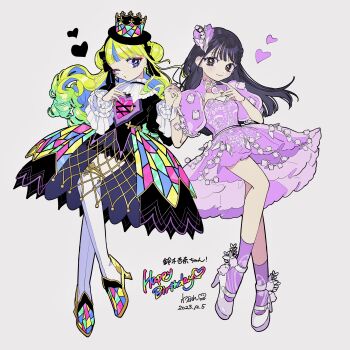 Rule 34 | 2girls, absurdres, amaharu wasure, black hair, blonde hair, blue eyes, blue hair, blunt bangs, boots, brown eyes, closed mouth, colored inner hair, commentary, double bun, dress, eyeshadow, facial mark, full body, gothic lolita, grey background, hair bun, happy birthday, high heel boots, high heels, highres, holding hands, idol clothes, interlocked fingers, kokoa remon, kokoa remon (primagista), lolita fashion, long hair, long sleeves, looking at viewer, makeup, multicolored dress, multicolored hair, multiple girls, one eye closed, pretty series, purple dress, purple socks, real life, red eyeshadow, shoes, sidelocks, smile, socks, stained glass print, standing, streaked hair, suzuki anna, thigh boots, untranslatable commentary, voice actor, waccha primagi!, white boots, white shoes