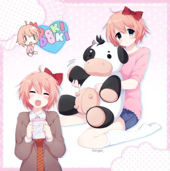 Rule 34 | 2000s (style), 2girls, :3, :d, ^ ^, ahoge, blue eyes, blue shorts, blush, border, bow, breasts, brown jacket, brown sweater, buttons, closed eyes, collared shirt, commentary, copyright name, denim, denim shorts, doki doki literature club, doki doki literature club school uniform, dot nose, double-parted bangs, dual persona, english commentary, facing viewer, faux retro artstyle, fingernails, full body, hair between eyes, hair bow, highres, holding, holding notepad, holding stuffed toy, jacket, jelly (bonnybel), kneehighs, layered sleeves, long sleeves, looking at viewer, multiple girls, no shoes, notepad, official alternate costume, open clothes, open jacket, open mouth, orange hair, outside border, parted lips, pink background, pink border, pink shirt, polka dot, polka dot background, puffy long sleeves, puffy short sleeves, puffy sleeves, red bow, sayori (doki doki literature club), school uniform, shirt, short hair, short shorts, short sleeves, shorts, simple background, sitting, small breasts, smile, socks, stuffed animal, stuffed cow, stuffed toy, sweater, tareme, tongue, twitter username, two-tone background, upper body, wariza, white background, white shirt, white socks