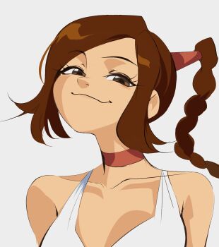 1girl 8log4icy avatar:_the_last_airbender avatar_legends bikini braid brown_eyes brown_hair choker closed_mouth collarbone commentary english_commentary highres long_hair looking_at_viewer official_alternate_costume ponytail red_choker simple_background smile solo swimsuit ty_lee white_background white_bikini