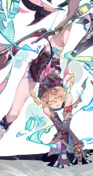 1girl :d absurdres bare_shoulders black_gloves black_hat black_shorts blonde_hair bright_pupils cocoballking commentary cutoffs detached_sleeves feet_out_of_frame fingerless_gloves genshin_impact gloves grey_thighhighs hat highres jahoda_(genshin_impact) long_sleeves open_mouth short_shorts shorts single_thighhigh smile solo thighhighs torn_clothes torn_thighhighs white_pupils yellow_eyes