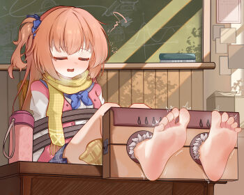 Rule 34 | 1girl, ^^^, absurdres, banbanban li, barefoot, blue bow, blue bowtie, blue scrunchie, blush, bound ankles, bow, bowtie, breath, chinese commentary, classroom, closed eyes, commentary request, day, drooling, facing viewer, feet, foot focus, full body, grey skirt, hair between eyes, hair ornament, hair scrunchie, highres, inaba meguru, indoors, jacket, knees up, large variant set, long hair, miniskirt, mouth drool, nose blush, one side up, open mouth, orange hair, pink jacket, plaid clothes, plaid scarf, plaid skirt, pleated skirt, restrained, saliva, sanoba witch, scarf, school uniform, scrunchie, sidelighting, sidelocks, sitting, skirt, smile, soles, solo, squiggle, tearing up, tears, toes, twitching, variant set, white sleeves, window shadow, yellow scarf