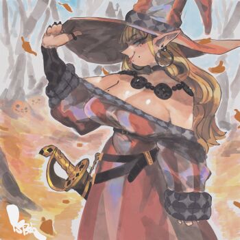 1girl adjusting_clothes adjusting_headwear autumn autumn_leaves bare_tree belt belt_around_waist black_choker black_nails blonde_hair breasts choker cleavage commentary dress earrings english_commentary falling_leaves feet_out_of_frame fingernails full_body gabrielle_(keziedra) hand_on_headwear hat highres hoop_earrings jack-o'-lantern jewelry keziedra large_breasts leaf long_eyelashes long_fingernails long_hair long_pointy_ears long_sleeves looking_at_viewer mole mole_on_breast mole_under_eye mole_under_mouth multiple_belts multiple_moles nail_polish necklace off-shoulder_dress off_shoulder original outdoors pointy_ears pointy_nose profile pumpkin red_dress scabbard sheath sheathed sideways_glance sleeves_past_wrists smile solo striped_clothes striped_dress striped_headwear sword tree two-tone_dress vertical-striped_clothes vertical-striped_dress vertical-striped_headwear weapon white_dress witch witch_hat