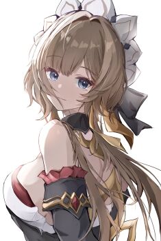 1girl back bare_shoulders black_collar black_sleeves blue_eyes breasts brown_hair collar commentary_request detached_sleeves frills genshin_impact headdress highres large_breasts long_hair looking_back pinjirooo sandrone_(genshin_impact) short_hair_with_long_locks sideboob simple_background solo white_background white_headdress