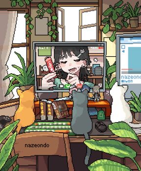 1girl animal artist_name black_hair cat cat_hair_ornament chair closed_eyes computer_keyboard computer_mouse controller cursor desk ear_piercing figure game_controller gamepad hair_ornament hairclip indoors monitor nazeondo open_mouth open_window original piercing pixel_art plant potted_plant shelf video_call vines window