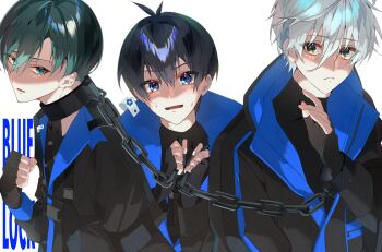 Rule 34 | 3boys, antenna hair, blue eyes, blue lock, closed mouth, commentary request, copyright name, cuffs, highres, isagi yoichi, itoshi rin, jacket, looking at another, looking at viewer, male focus, multiple boys, nagi seishirou, partially open jacket, shackles, short hair, simple background, white background, white hair, xe5m38