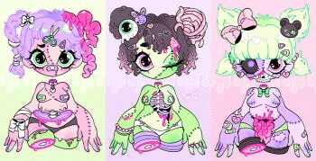 arm_bow bandaid bandaid_on_arm bandaid_on_face bandaid_on_hand bandaid_on_nose bandaids_on_nipples bear_hair_ornament black_hair black_sclera blood blunt_bangs body_freckles bow bow_panties bow_ring bowtie bracelet braid collar colored_sclera colored_skin commentary curly_hair diagonal-striped_background double_bun earrings english_commentary exposed_bone exposed_heart eyeball_hair_ornament freckles ghoulkiss green_background green_bow green_eyes green_hair green_nails green_panties green_scrunchie grey_panties guro gurokawa hair_bow hair_bun hair_ornament hairclip heart heart-shaped_bandaid heart_(organ) heart_earrings heart_in_eye heart_ring heterochromia highres intestine_hair intestines jewelry low_twintails monster_girl multicolored_hair multiple_bracelets multiple_rings navel no_mouth no_nose one_eye_closed original panties pastel_colors pastel_goth pasties pink_background pink_blood pink_bow pink_eyes pink_hair purple_background purple_eyes purple_hair purple_nails rabbit_hair_ornament ring scissors_hair_ornament scrunchie severed_head severed_limb short_hair short_twintails shoulder_freckles skull stitched_arm stitched_face stitched_torso stitches striped_background symbol_in_eye twin_braids twintails underwear white_bow white_panties worm x_eye zombie