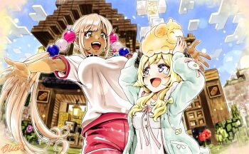 2girls animal_ears breasts brown_eyes buru-dai cloud dark-skinned_female dark_skin dress floating_hair flower hair_behind_ear highres hololive hololive_english horns house imminent_hug large_breasts long_hair looking_down looking_up minecraft multiple_girls open_mouth purple_eyes red_flower sheep_(minecraft) sheep_ears sheep_girl sheep_horns sky smile tearing_up tsukumo_sana tsunomaki_watame tsunomaki_watame_(loungewear) twintails very_long_hair virtual_youtuber white_dress