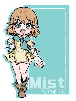 1girl aonagimay artist_name bare_legs blue_eyes blue_scarf breasts brown_hair character_name fingerless_gloves fire_emblem fire_emblem:_path_of_radiance gloves hair_tubes highres mist_(fire_emblem) nintendo open_mouth scarf small_breasts socks teeth upper_teeth_only white_socks