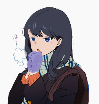 Rule 34 | 1girl, bag, black hair, blue eyes, coat, cold, gloves, gridman universe, gridman universe (movie), highres, lensu (lotus36936936), long hair, long sleeves, looking at viewer, scarf, school bag, school uniform, shirt, simple background, solo, takarada rikka, upper body, white background, winter clothes, winter coat