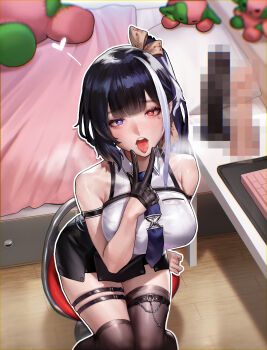 1girl absurdres armband bare_shoulders black_gloves black_hair black_skirt black_thighhighs breasts commentary_request garter_belt gloves hair_ribbon heart heart-shaped_pupils heterochromia highres indie_virtual_youtuber kidmo kneehighs korean_commentary large_breasts looking_at_viewer miniskirt multicolored_hair necktie open_mouth over-kneehighs purple_eyes purple_hair purple_necktie rakoko_(vtuber) red_eyes revision ribbon shirt single_kneehigh single_sock single_thighhigh sitting skirt sleeveless sleeveless_shirt socks solo symbol-shaped_pupils teeth thigh_focus thighhighs thighs tongue tongue_out upper_teeth_only v virtual_youtuber white_hair