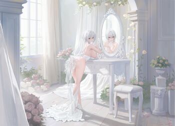 1girl ass azur_lane breast_rest breasts bridal_veil curtains day flower from_behind game_asset grey_hair hair_between_eyes high_heels highleg highleg_leotard highres kneepits large_breasts leaning_forward leotard medium_hair mirror mouth_hold non-web_source official_alternate_costume official_art pink_flower pink_rose plant potted_plant rose sirius_(alba_sirius)_(azur_lane) sirius_(azur_lane) standing strapless strapless_leotard thighs veil white_flower white_leotard white_rose window wooden_floor